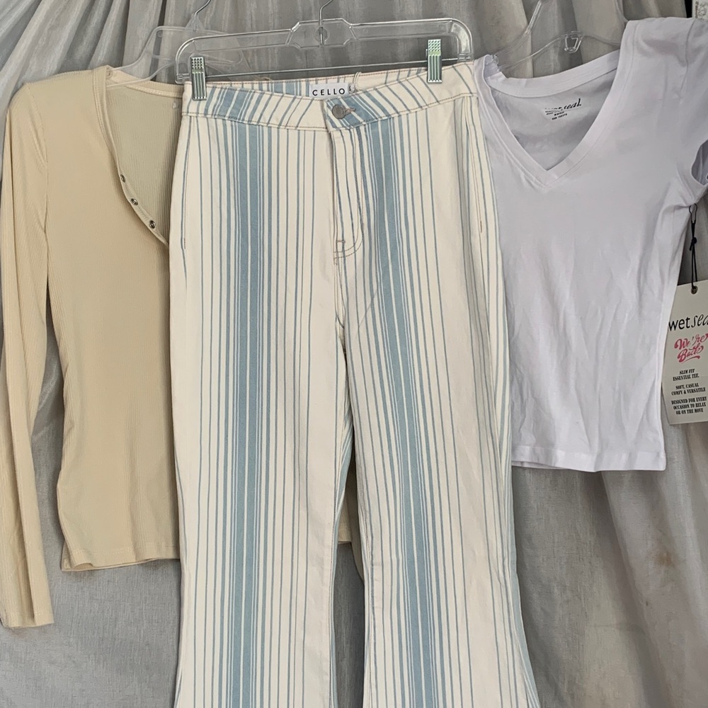 Cello Cream and Light Blue Vertical Stripe Bootcut Pants